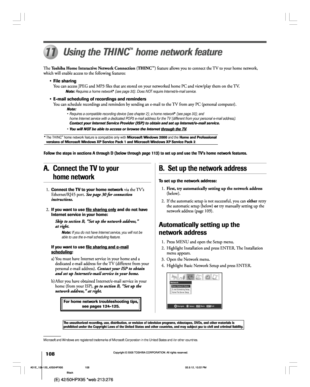 Toshiba 42HPX95 owner manual Using the THINC home network feature, A. Connect the TV to your home network 
