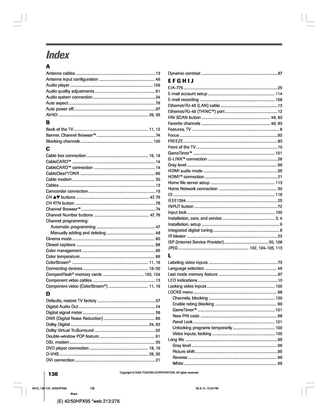 Toshiba 42HPX95 owner manual Index, E F G H I J 