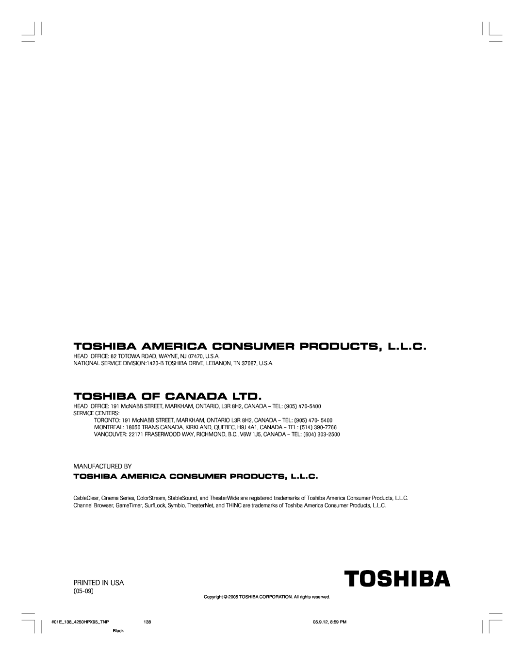 Toshiba 42HPX95 owner manual Toshiba America Consumer Products, L.L.C, Printed In Usa 