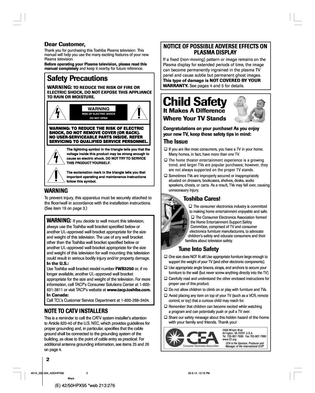 Toshiba 42HPX95 Safety Precautions, Note To Catv Installers, Notice Of Possible Adverse Effects On Plasma Display 