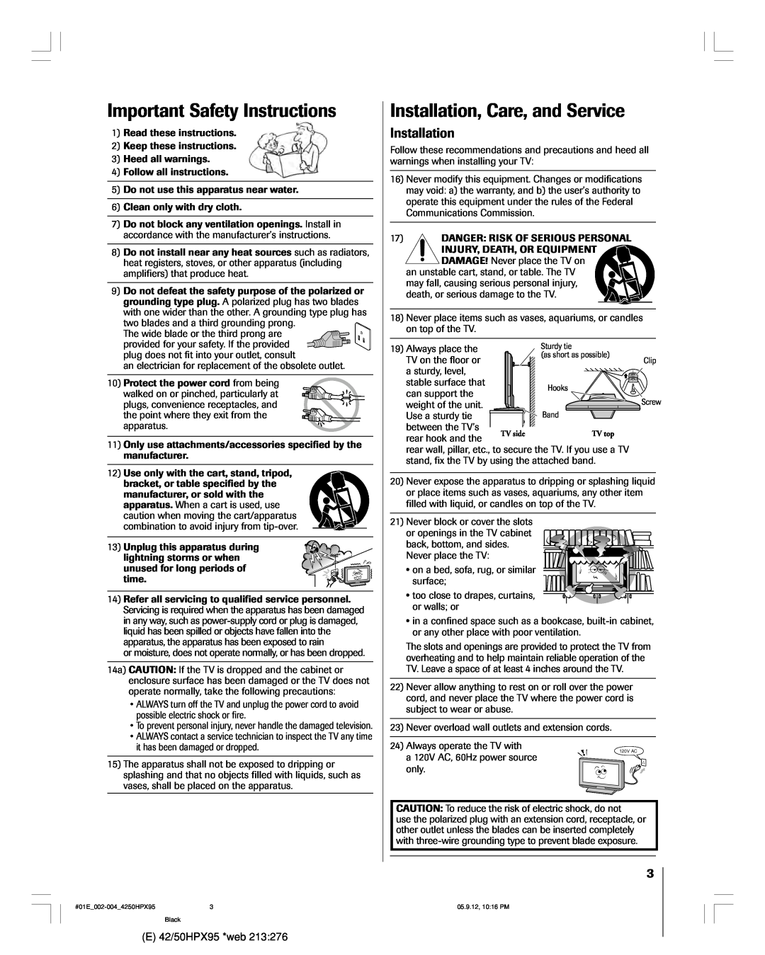 Toshiba 42HPX95 owner manual Important Safety Instructions, Installation, Care, and Service 