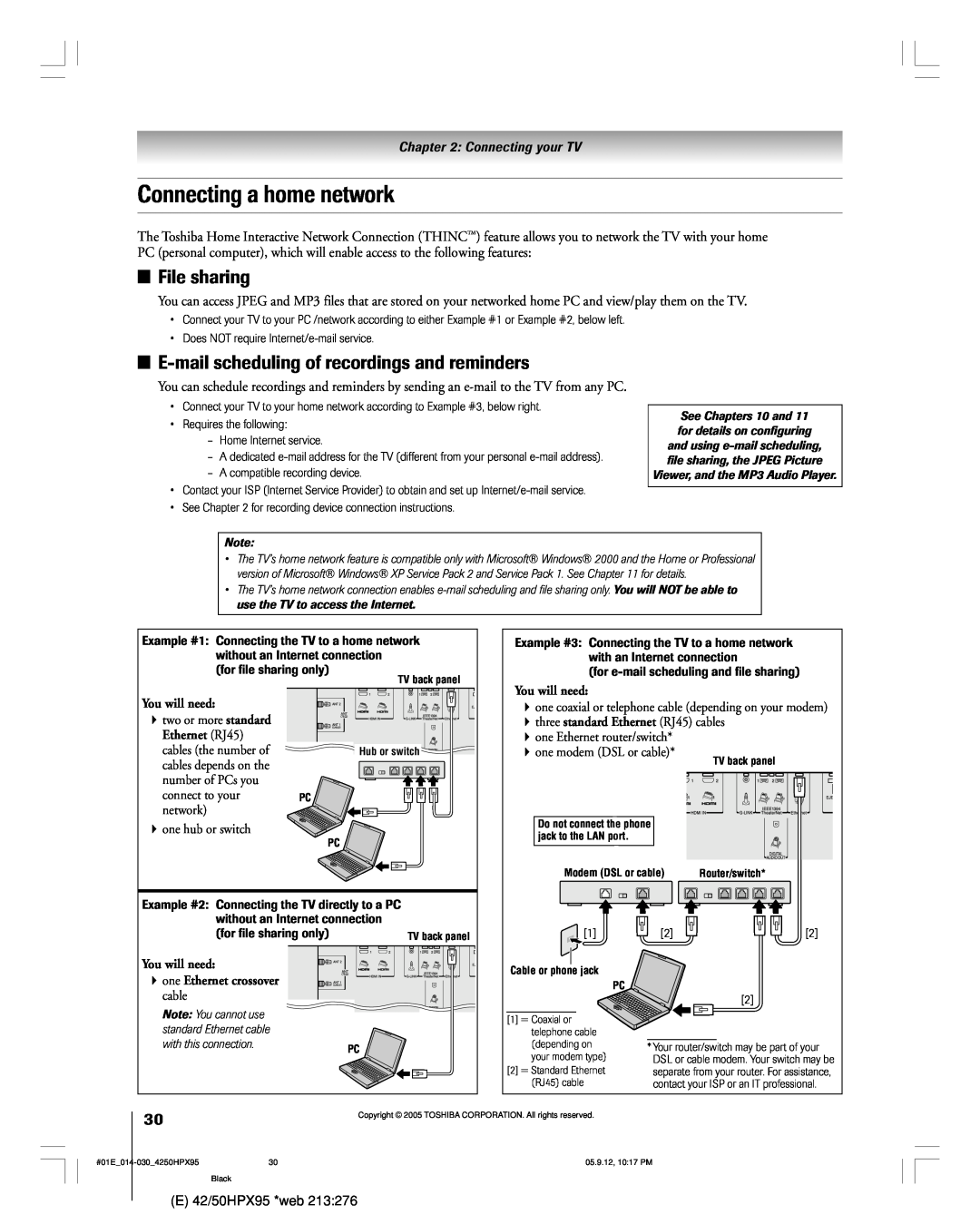 Toshiba 42HPX95 owner manual Connecting a home network, File sharing, E-mail scheduling of recordings and reminders 