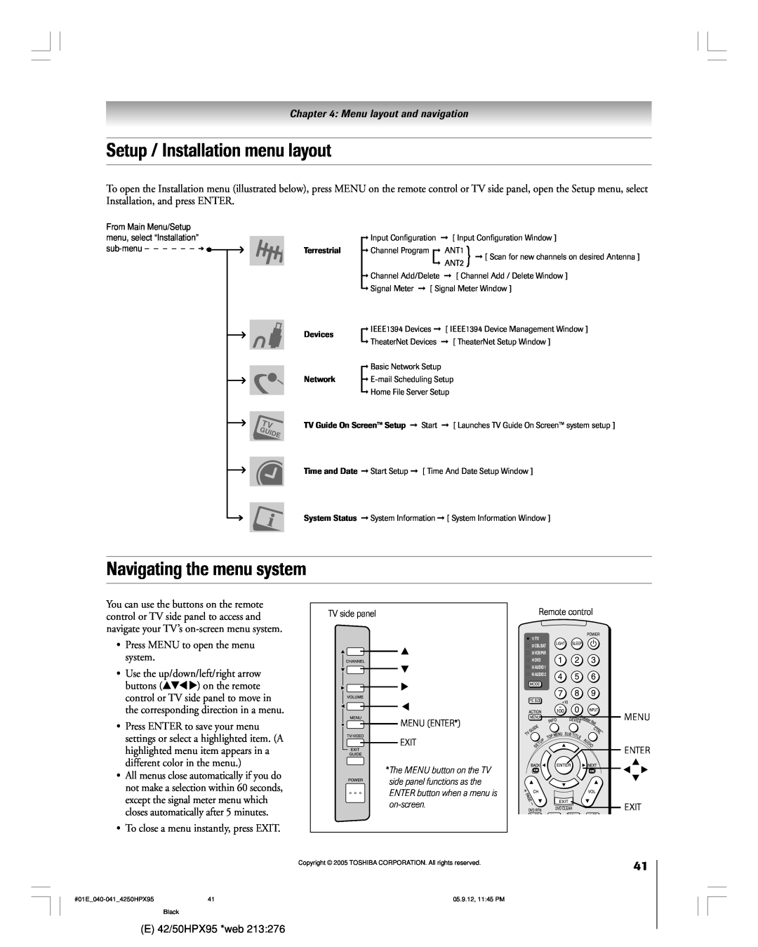 Toshiba 42HPX95 Setup / Installation menu layout, Navigating the menu system, ¥ Press MENU to open the menu system 