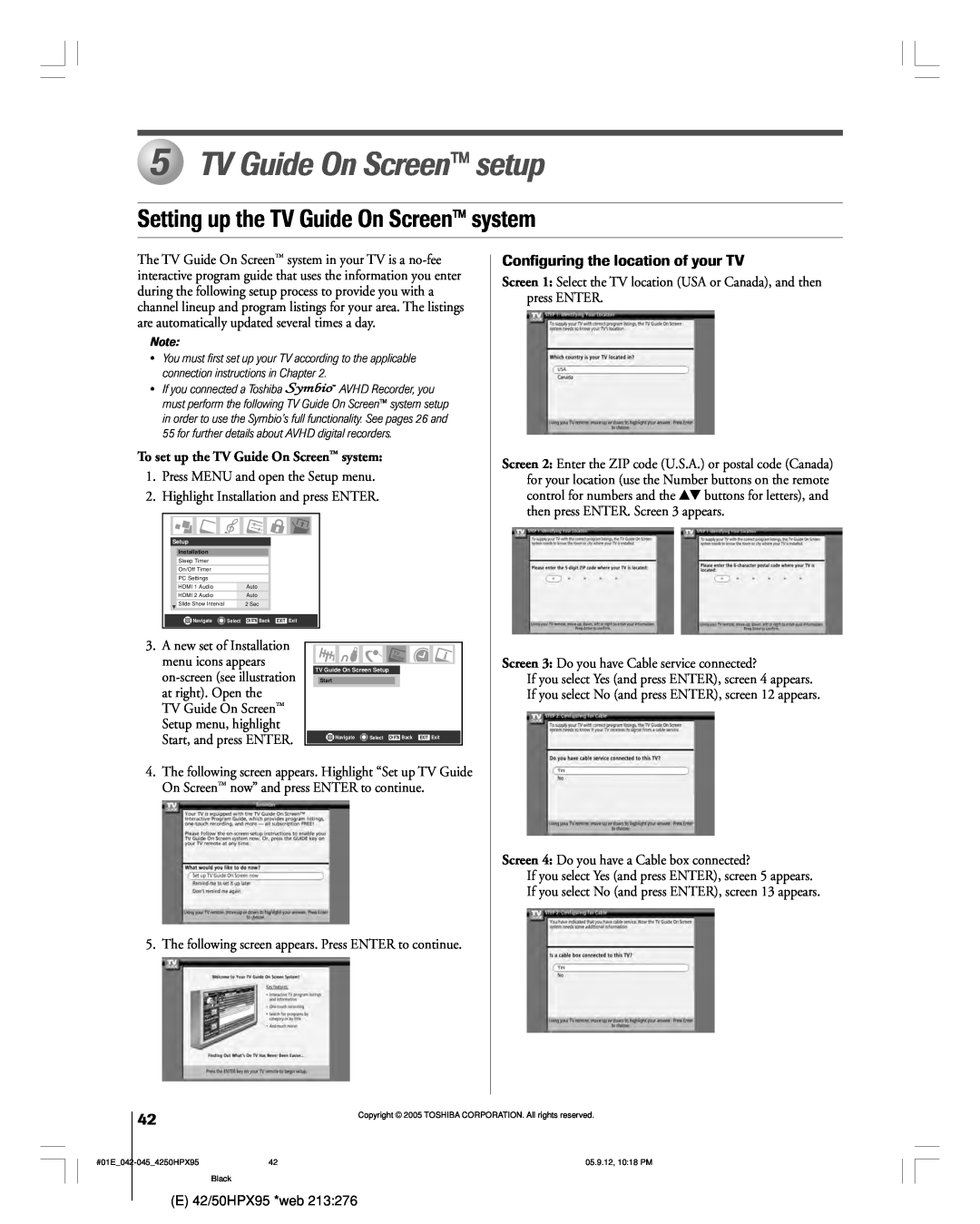 Toshiba 42HPX95 TV Guide On Screen setup, Setting up the TV Guide On Screen system, Configuring the location of your TV 