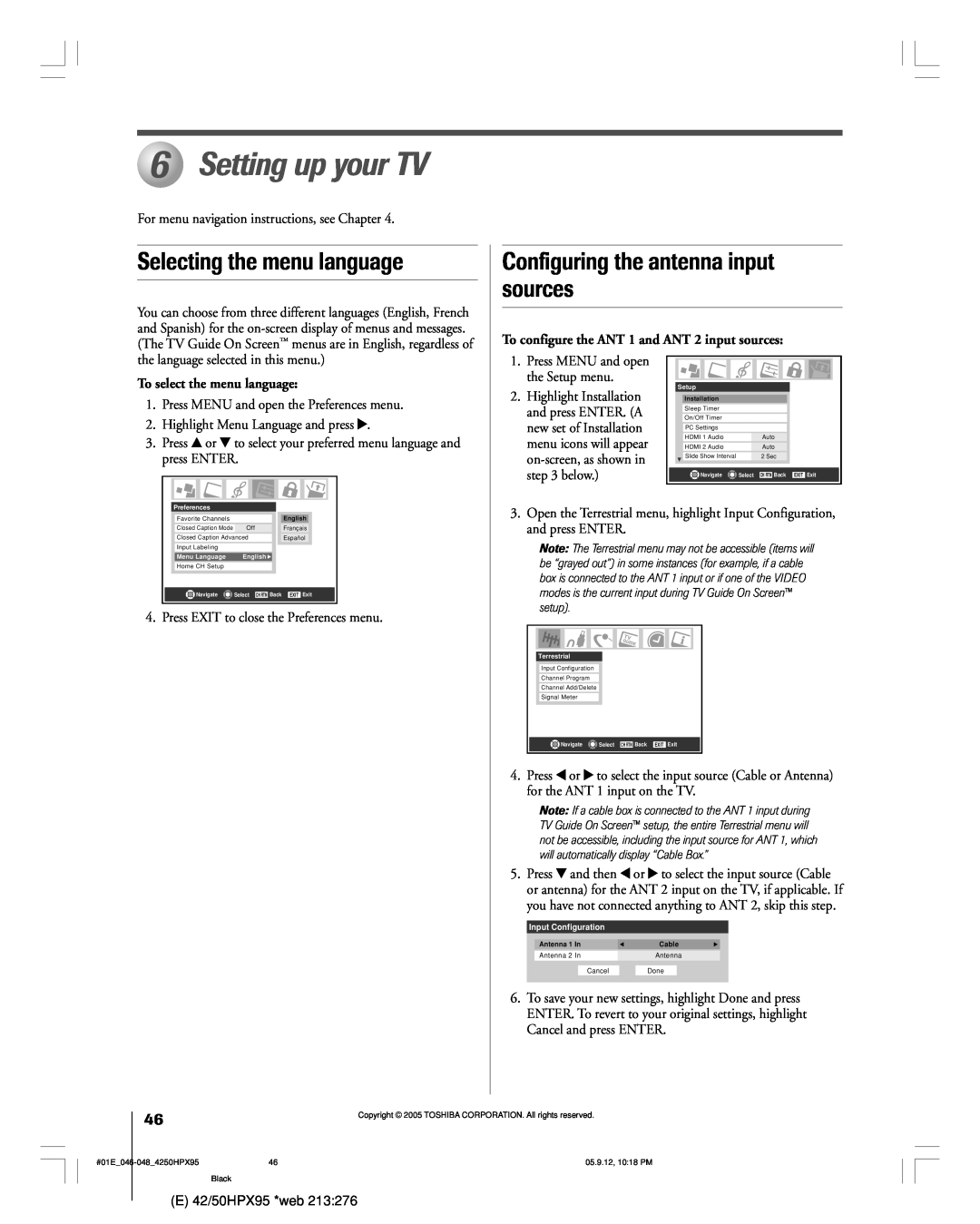 Toshiba 42HPX95 owner manual Setting up your TV, Selecting the menu language, Configuring the antenna input, sources 