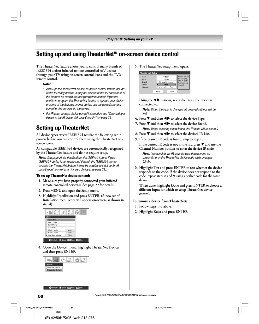 Toshiba 42HPX95 owner manual Setting up and using TheaterNet on-screen device control, Setting up TheaterNet 