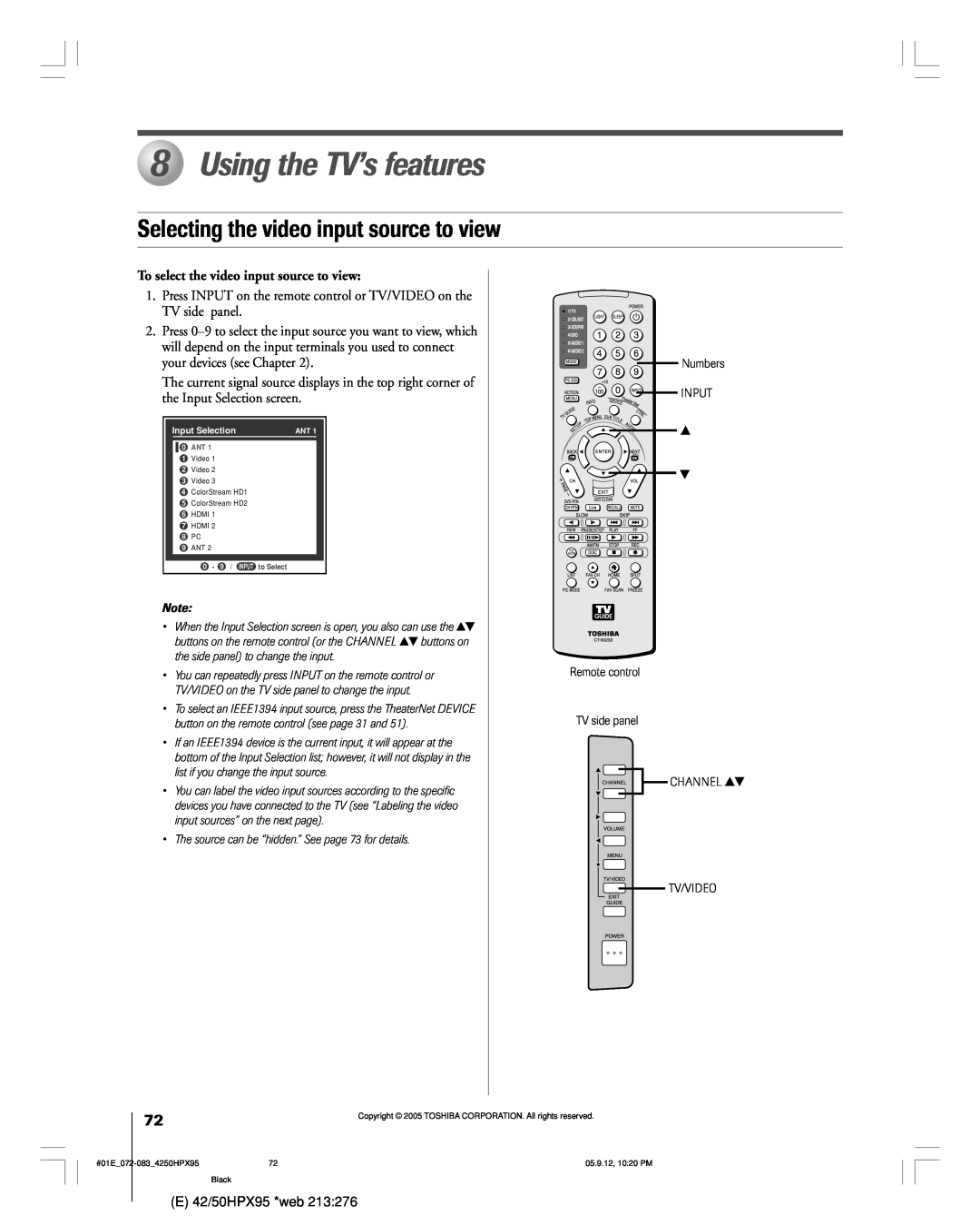 Toshiba 42HPX95 owner manual Using the TV’s features, Selecting the video input source to view 