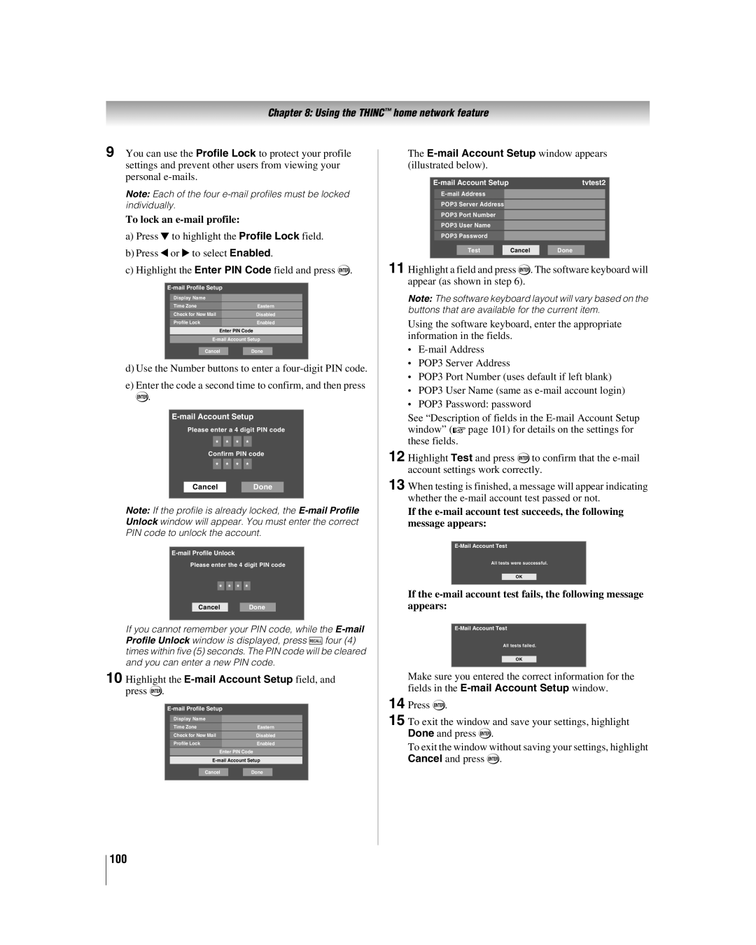 Toshiba 42LX177 manual 100, Highlight the E-mail Account Setup field, and press T 