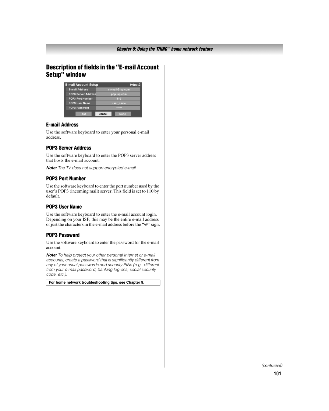 Toshiba 42LX177 manual Description of fields in the E-mail Account, Setup window 