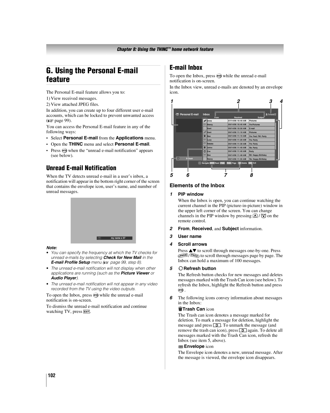 Toshiba 42LX177 Using the Personal E-mail feature, Unread E-mail Notification, Mail Inbox, Elements of the Inbox, 102 