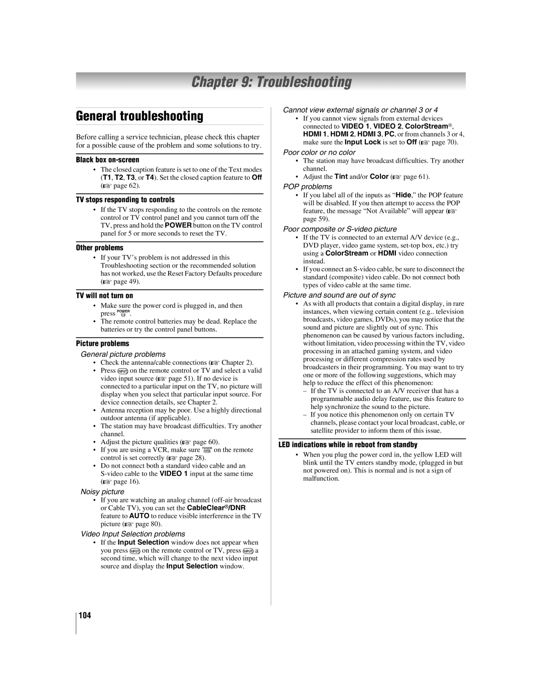 Toshiba 42LX177 manual Troubleshooting, General troubleshooting, 104 