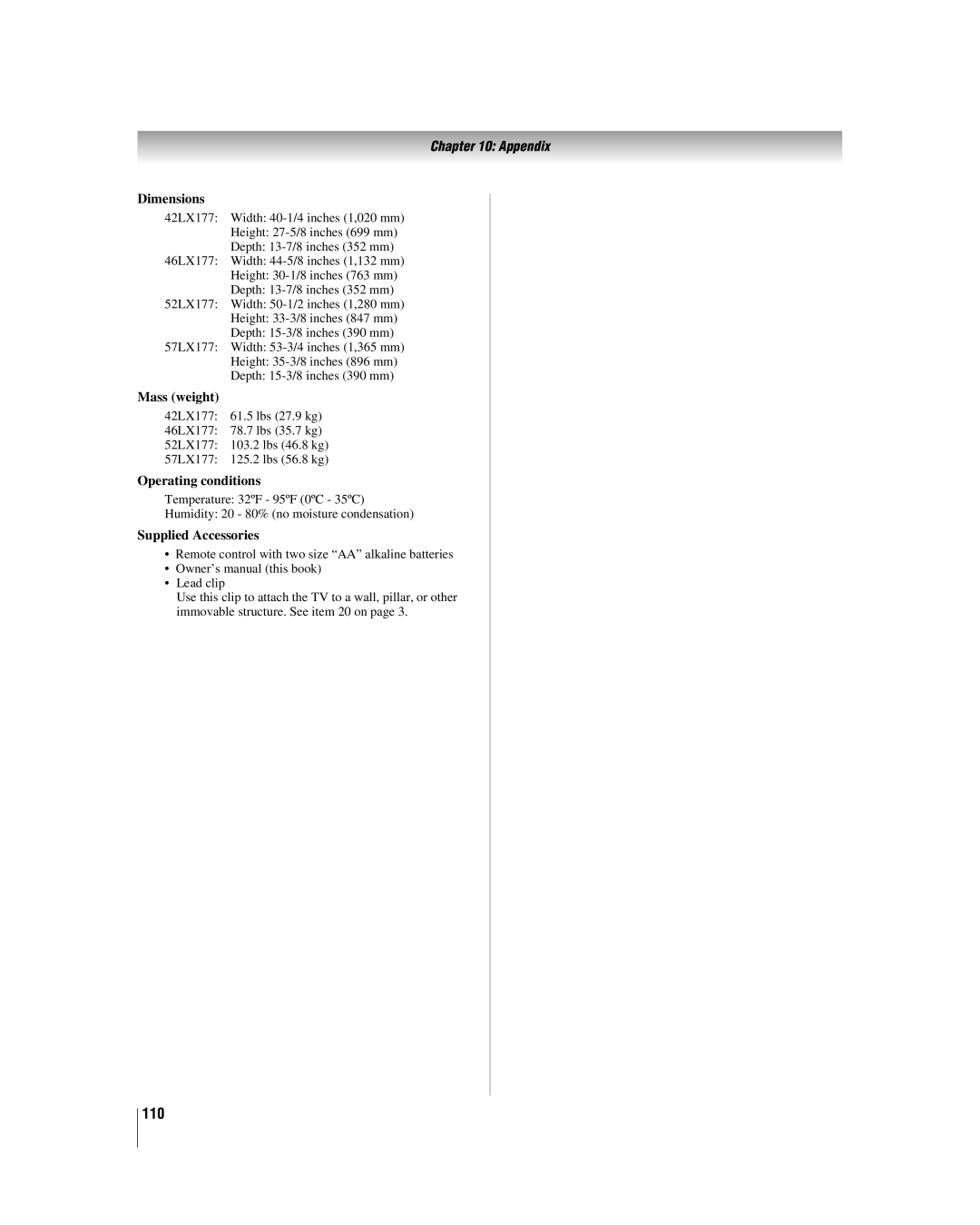 Toshiba 42LX177 manual 110, Appendix 