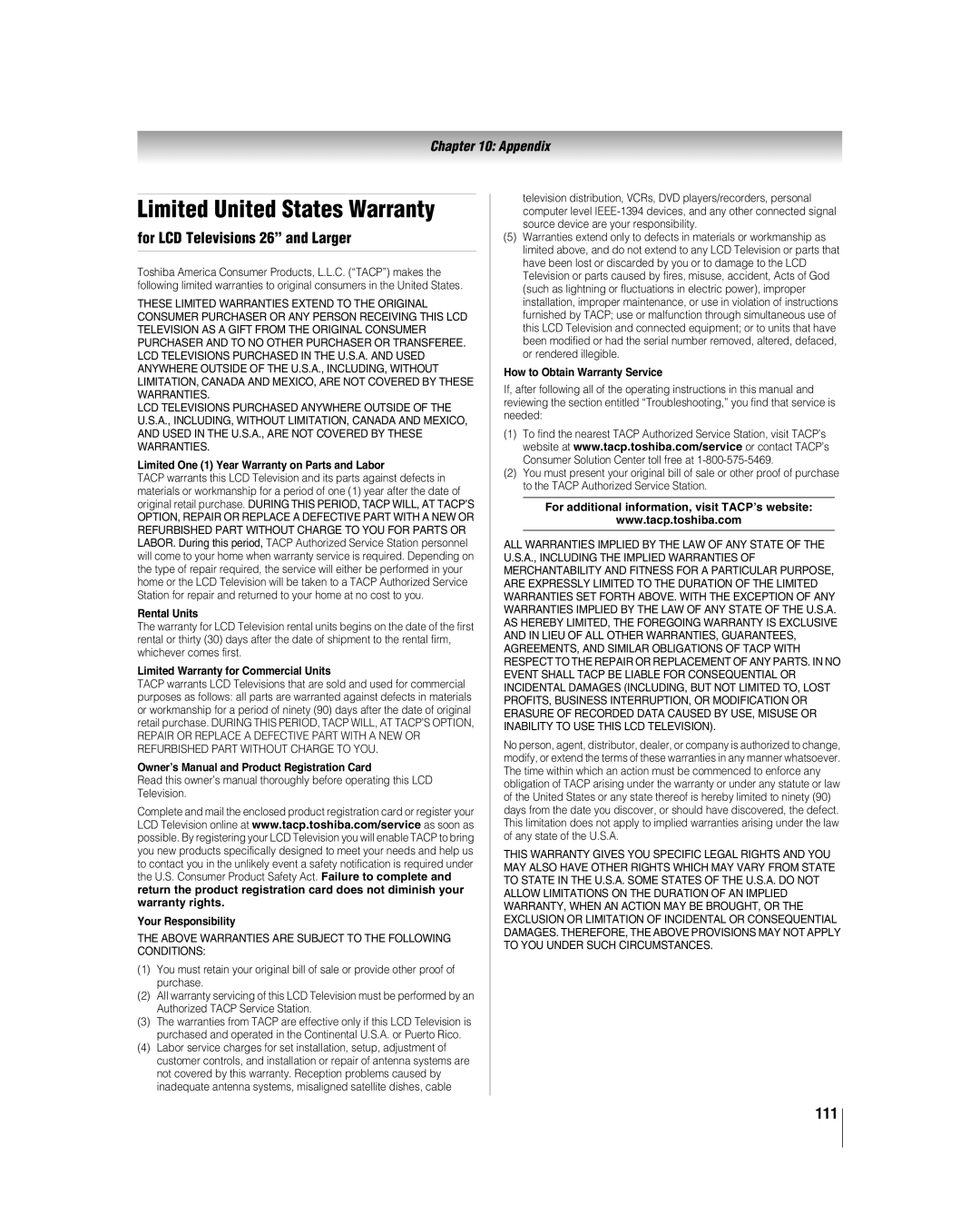 Toshiba 42LX177 manual Limited United States Warranty, For LCD Televisions 26 and Larger, 111 