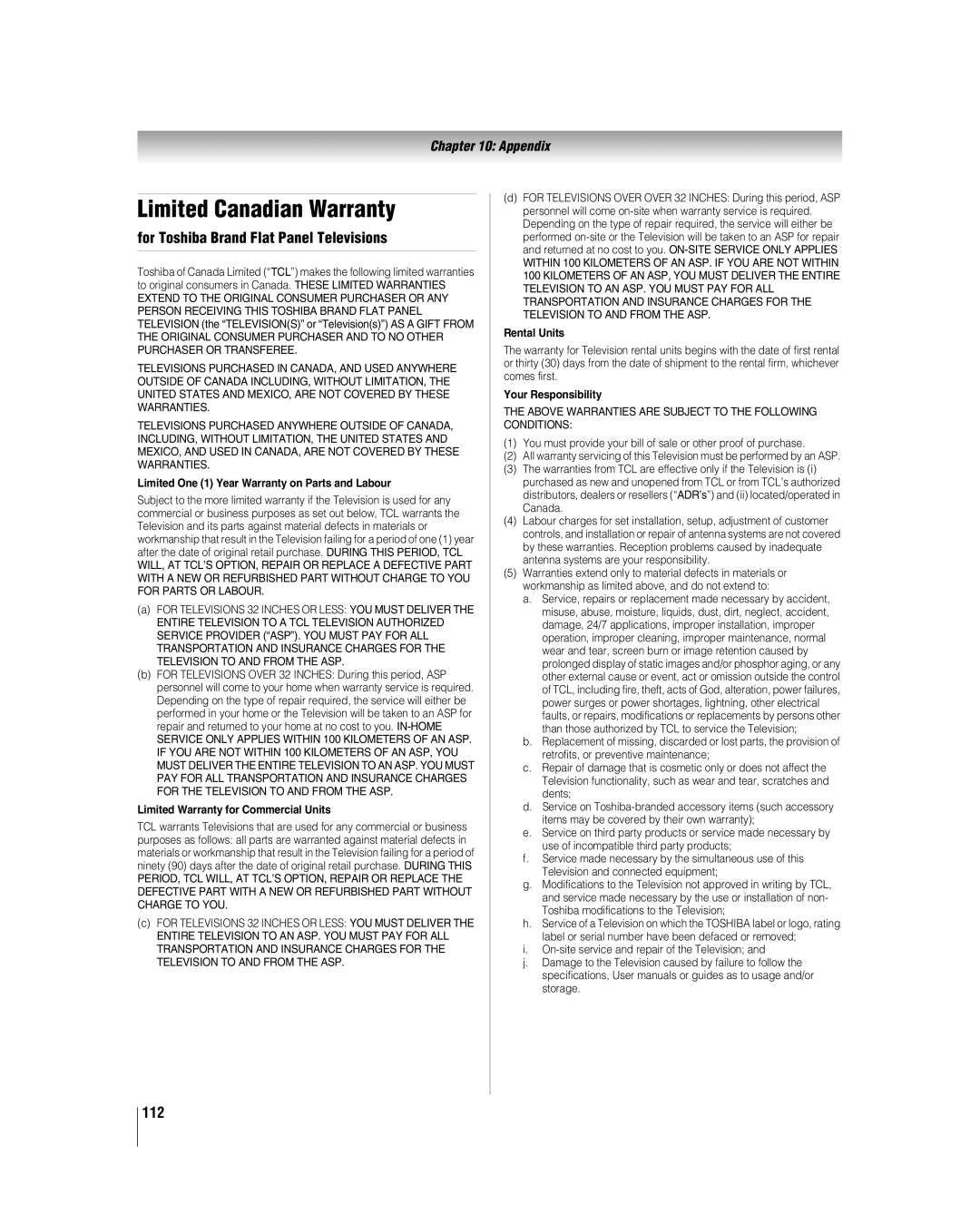 Toshiba 42LX177 manual Limited Canadian Warranty, For Toshiba Brand Flat Panel Televisions, 112 