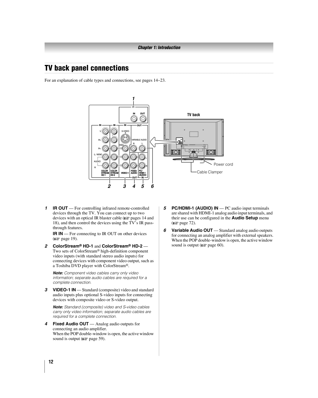 Toshiba 42LX177 manual TV back panel connections, ColorStream HD-1 and ColorStream HD-2 