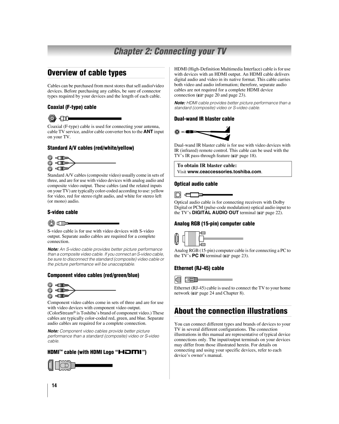 Toshiba 42LX177 manual Connecting your TV, Overview of cable types, About the connection illustrations 