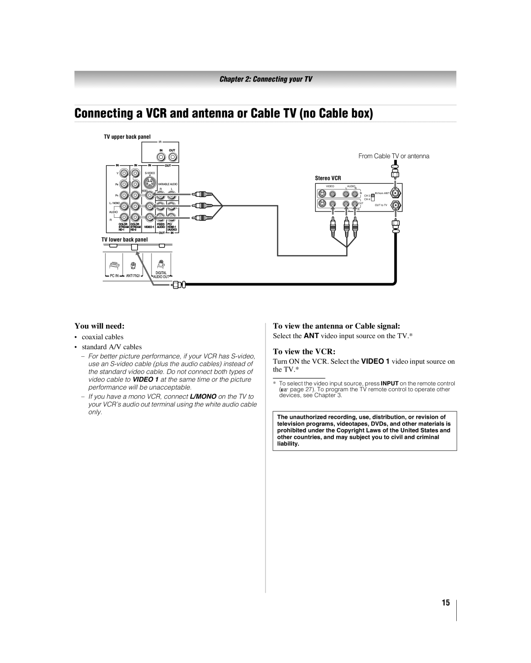 Toshiba 42LX177 Connecting a VCR and antenna or Cable TV no Cable box, You will need, To view the antenna or Cable signal 