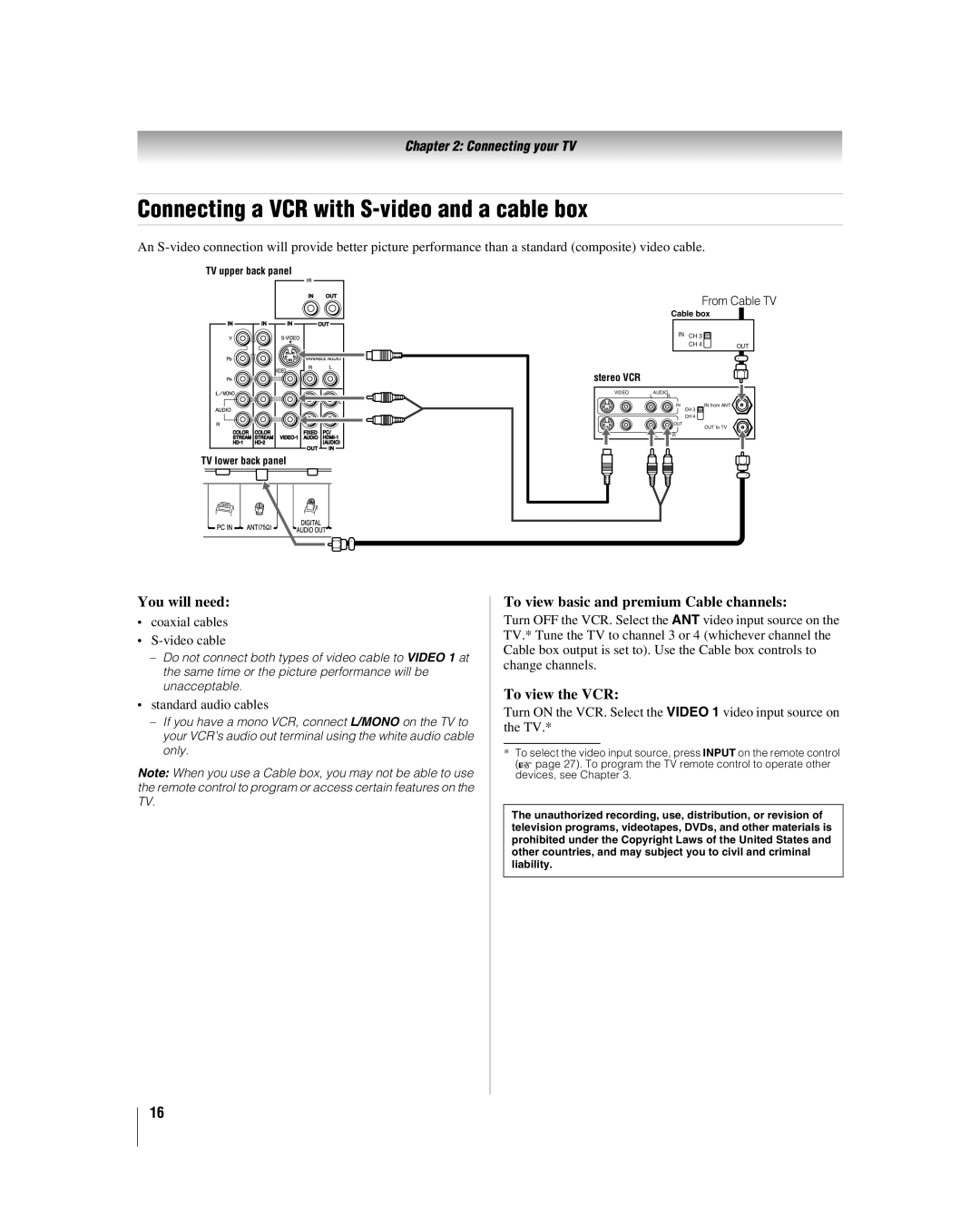 Toshiba 42LX177 manual Connecting a VCR with S-video and a cable box, To view basic and premium Cable channels 