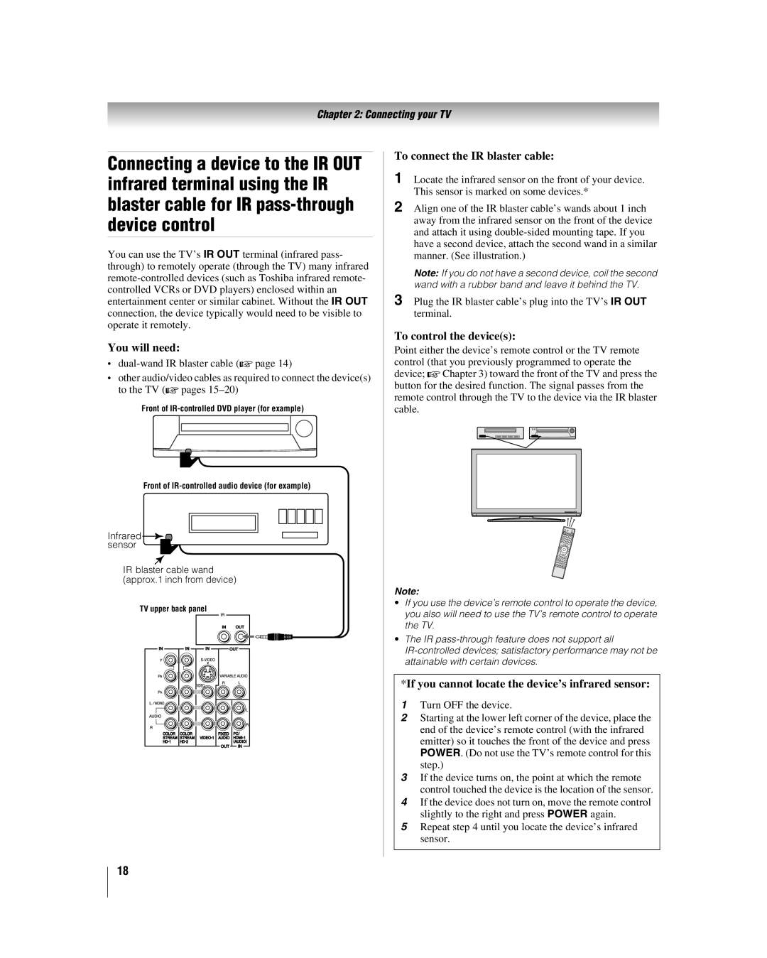 Toshiba 42LX177 To connect the IR blaster cable, To control the devices, If you cannot locate the device’s infrared sensor 