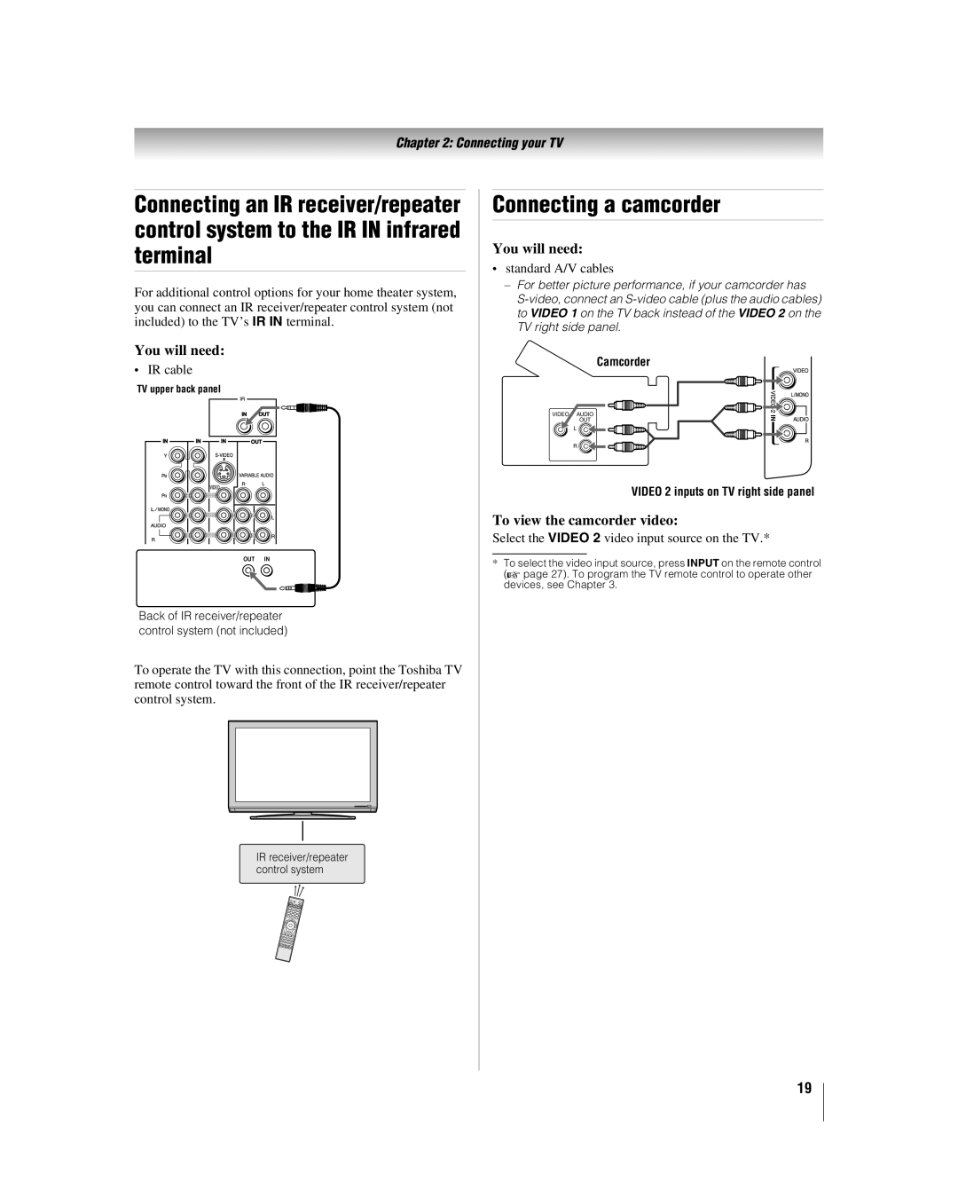 Toshiba 42LX177 manual Connecting a camcorder, To view the camcorder video, IR cable 