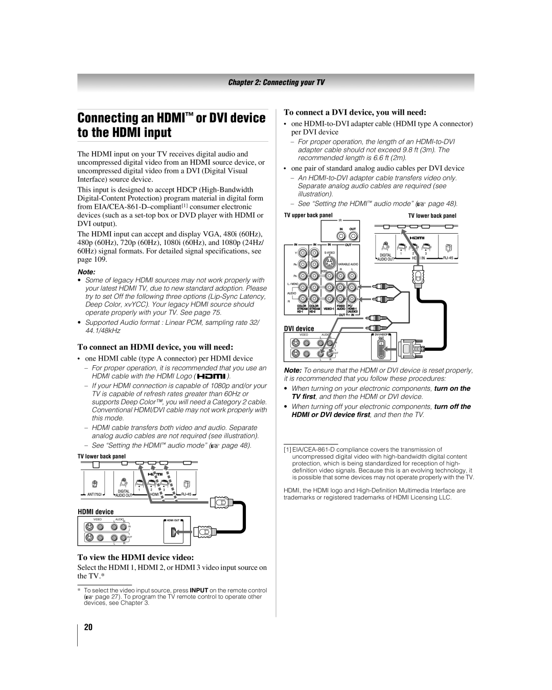 Toshiba 42LX177 manual Connecting an Hdmi or DVI device to the Hdmi input, To connect an Hdmi device, you will need 