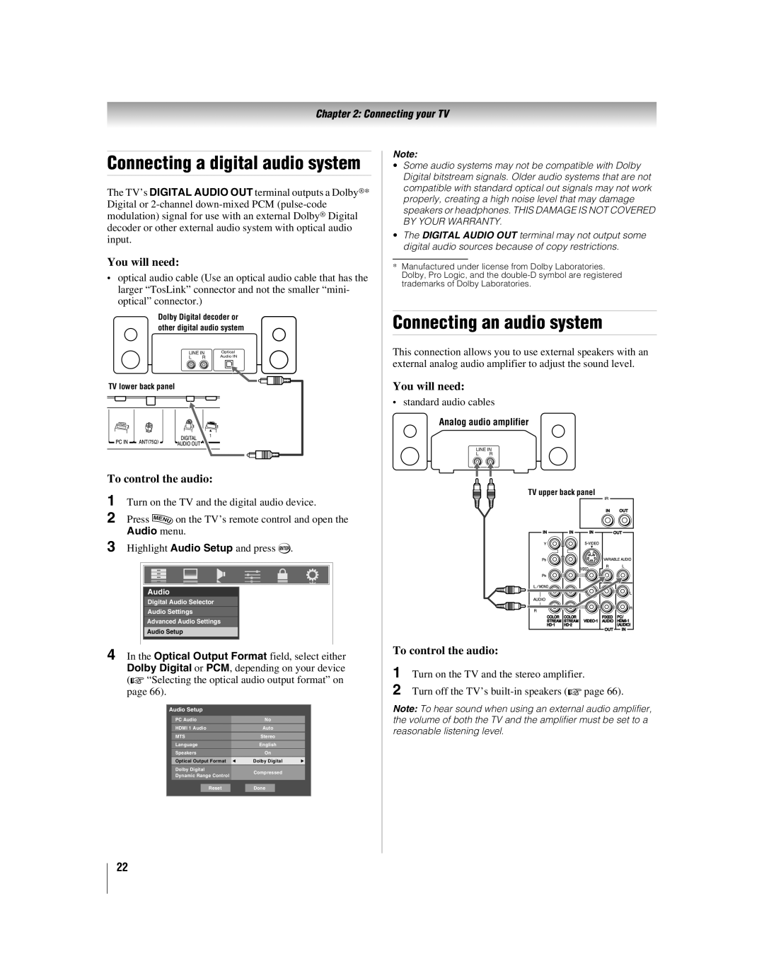 Toshiba 42LX177 manual Connecting an audio system, To control the audio 