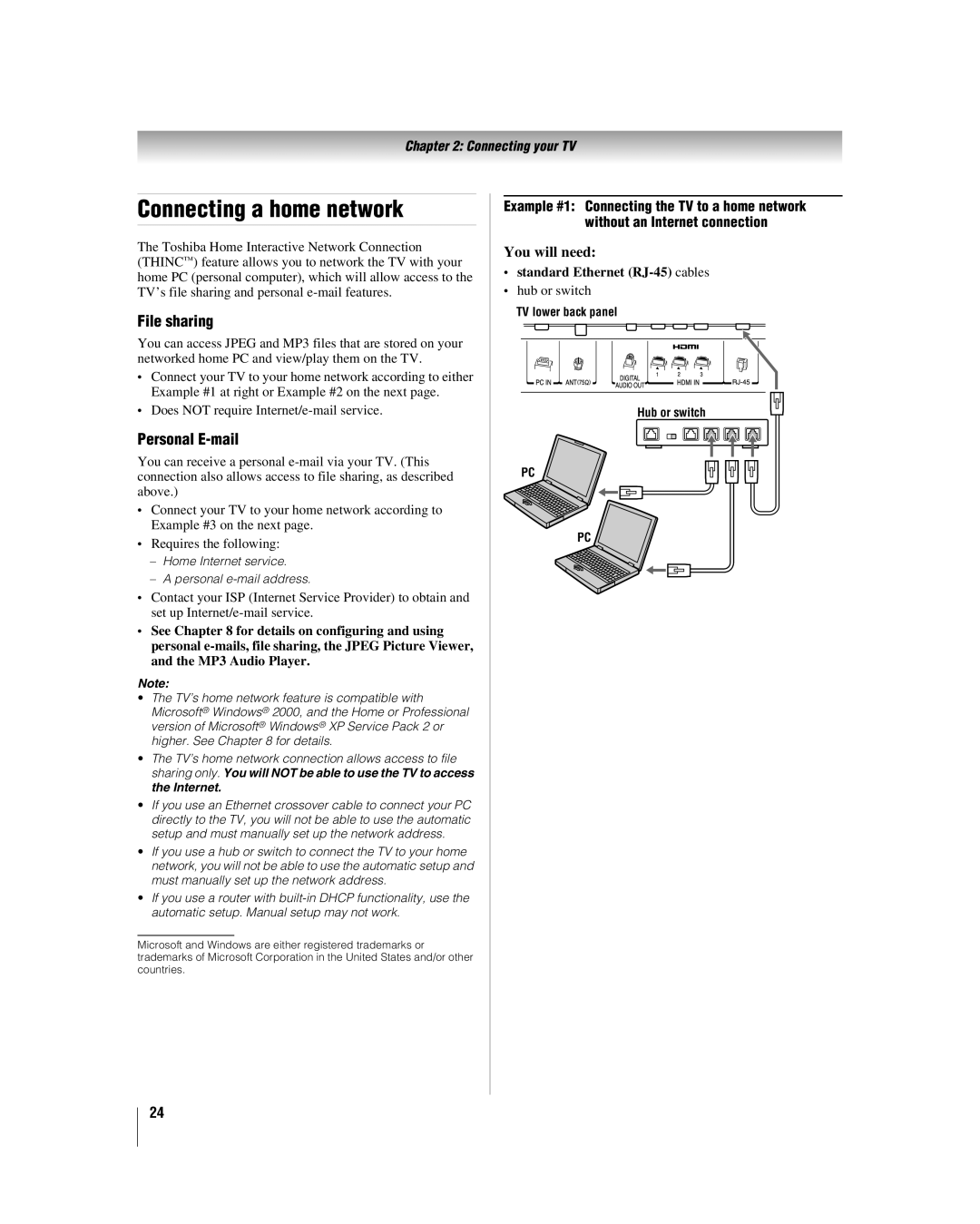 Toshiba 42LX177 manual Connecting a home network, File sharing, Personal E-mail, Hub or switch 