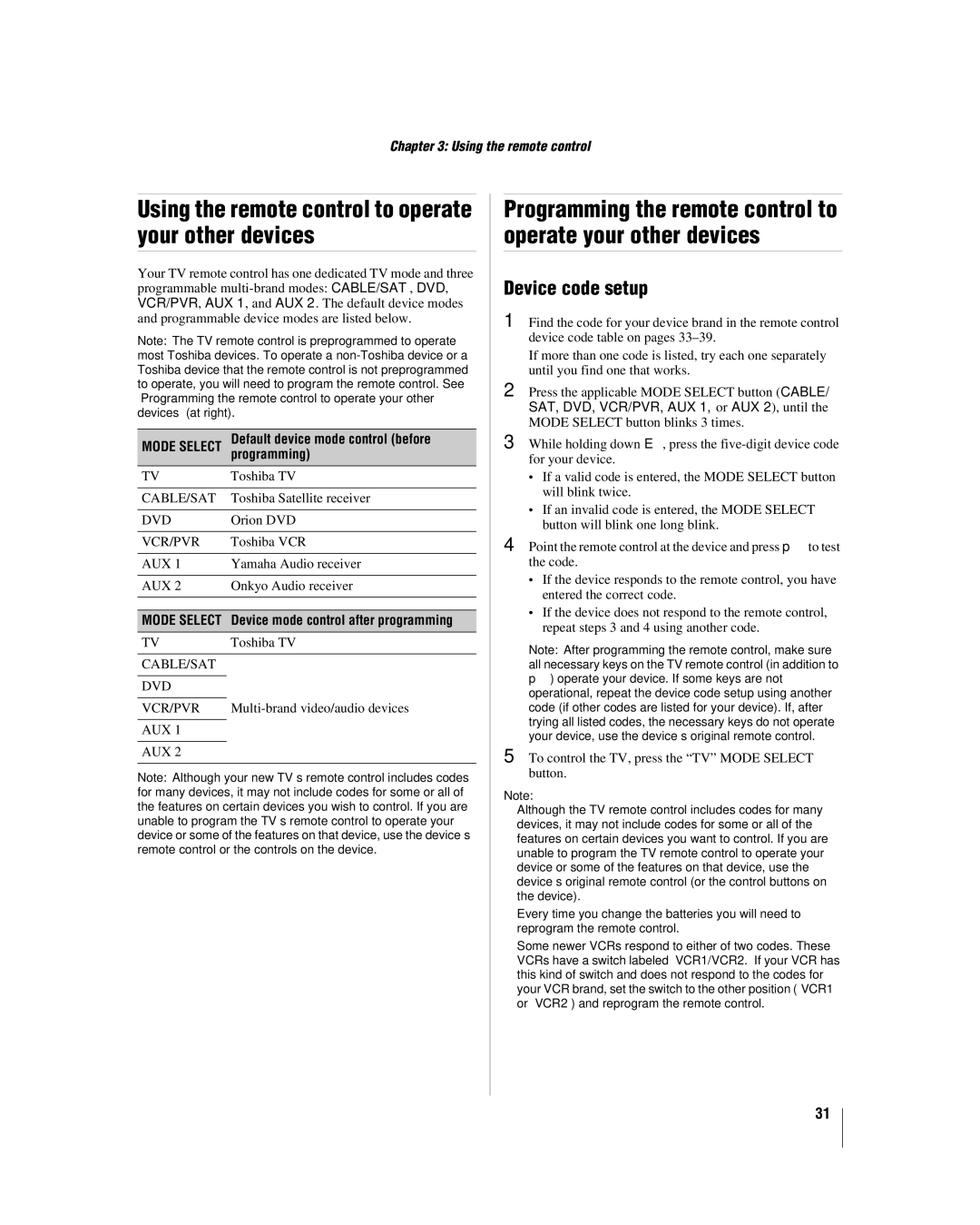 Toshiba 42LX177 manual Using the remote control to operate your other devices, Device code setup 