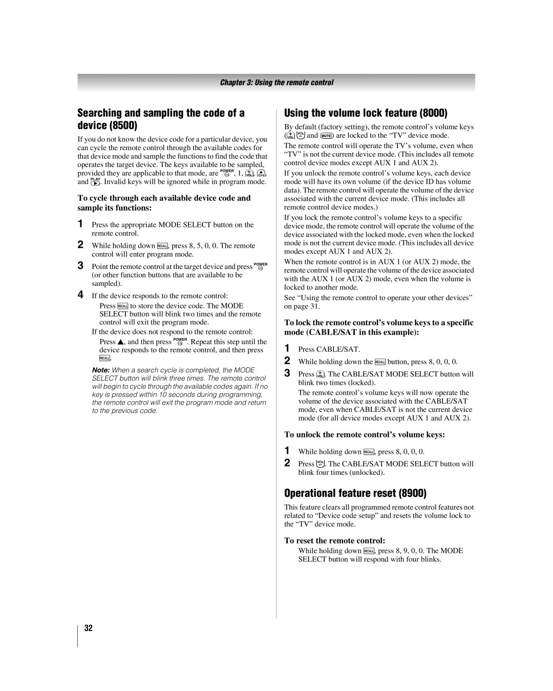 Toshiba 42LX177 Searching and sampling the code of a device, Using the volume lock feature, Operational feature reset 