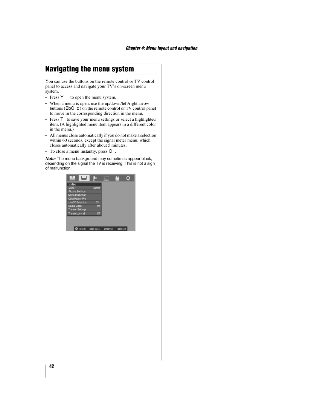 Toshiba 42LX177 manual Navigating the menu system, Video 