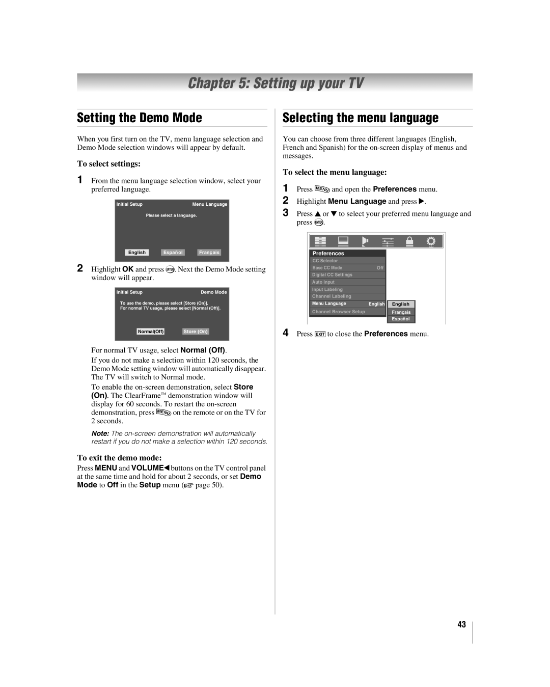 Toshiba 42LX177 manual Setting up your TV, Setting the Demo Mode, Selecting the menu language 