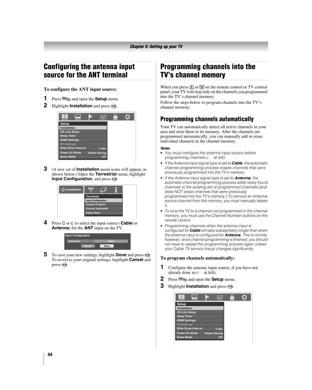 Toshiba 42LX177 Programming channels automatically, To configure the ANT input source, To program channels automatically 