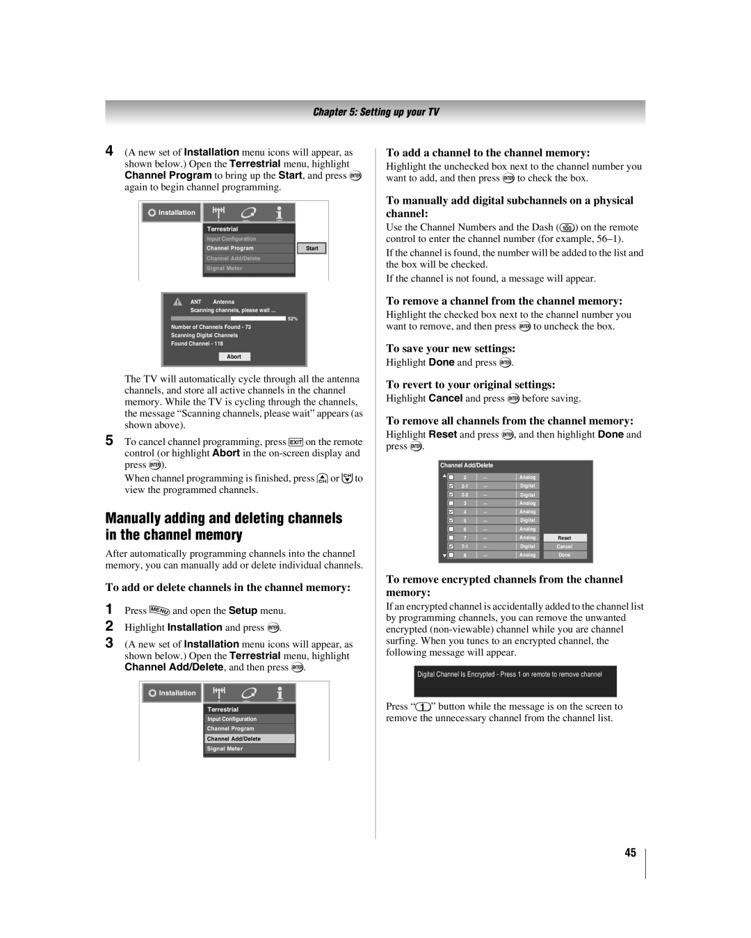 Toshiba 42LX177 manual Manually adding and deleting channels in the channel memory 