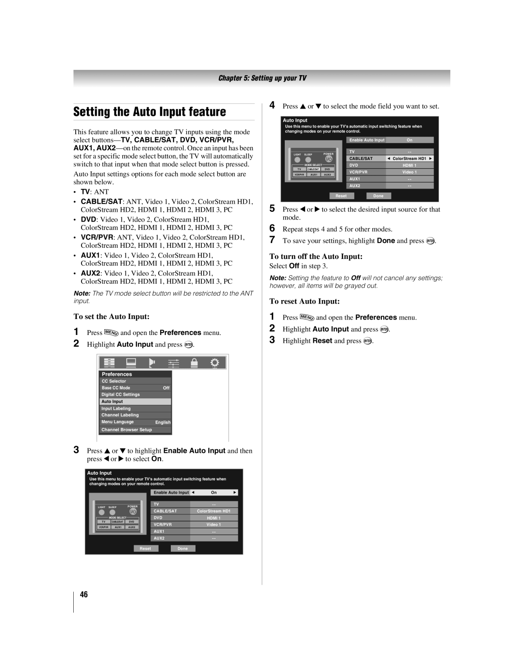 Toshiba 42LX177 Setting the Auto Input feature, To set the Auto Input, To turn off the Auto Input, To reset Auto Input 