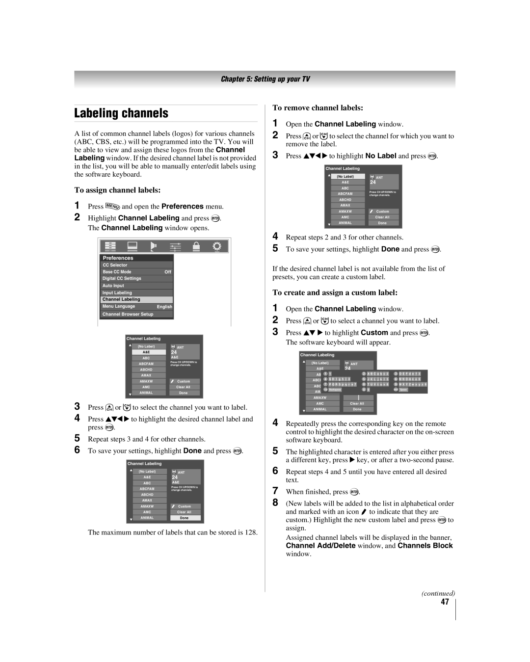 Toshiba 42LX177 Labeling channels, To assign channel labels, To remove channel labels, To create and assign a custom label 