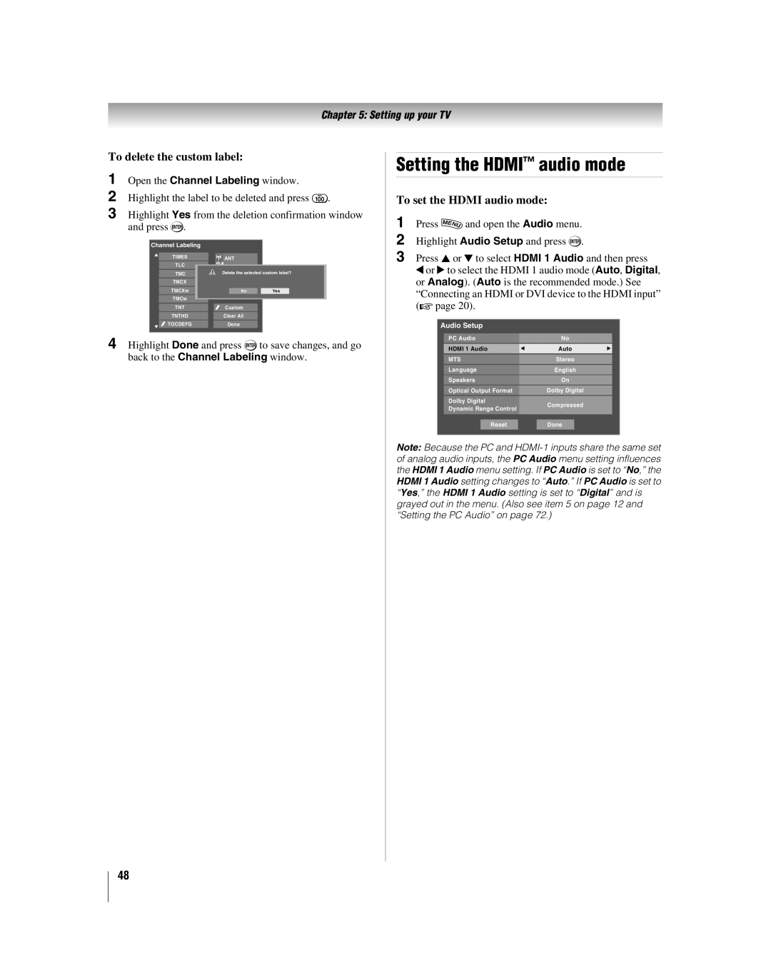 Toshiba 42LX177 manual Setting the Hdmi audio mode, To delete the custom label, To set the Hdmi audio mode 