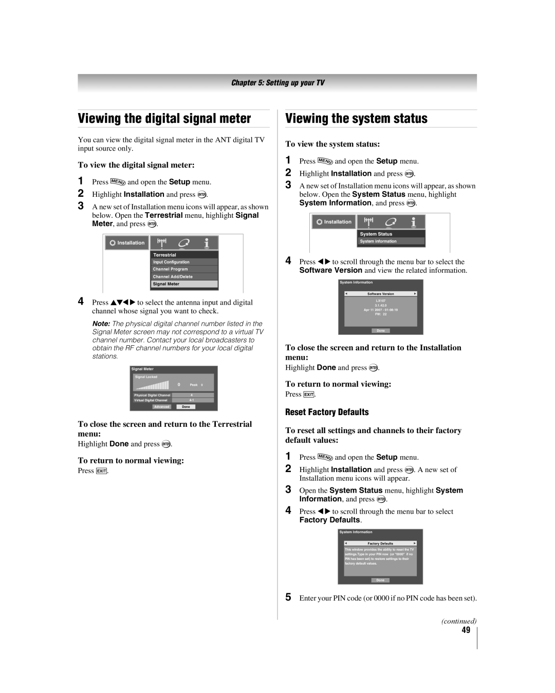 Toshiba 42LX177 manual Viewing the digital signal meter, Viewing the system status, Reset Factory Defaults 