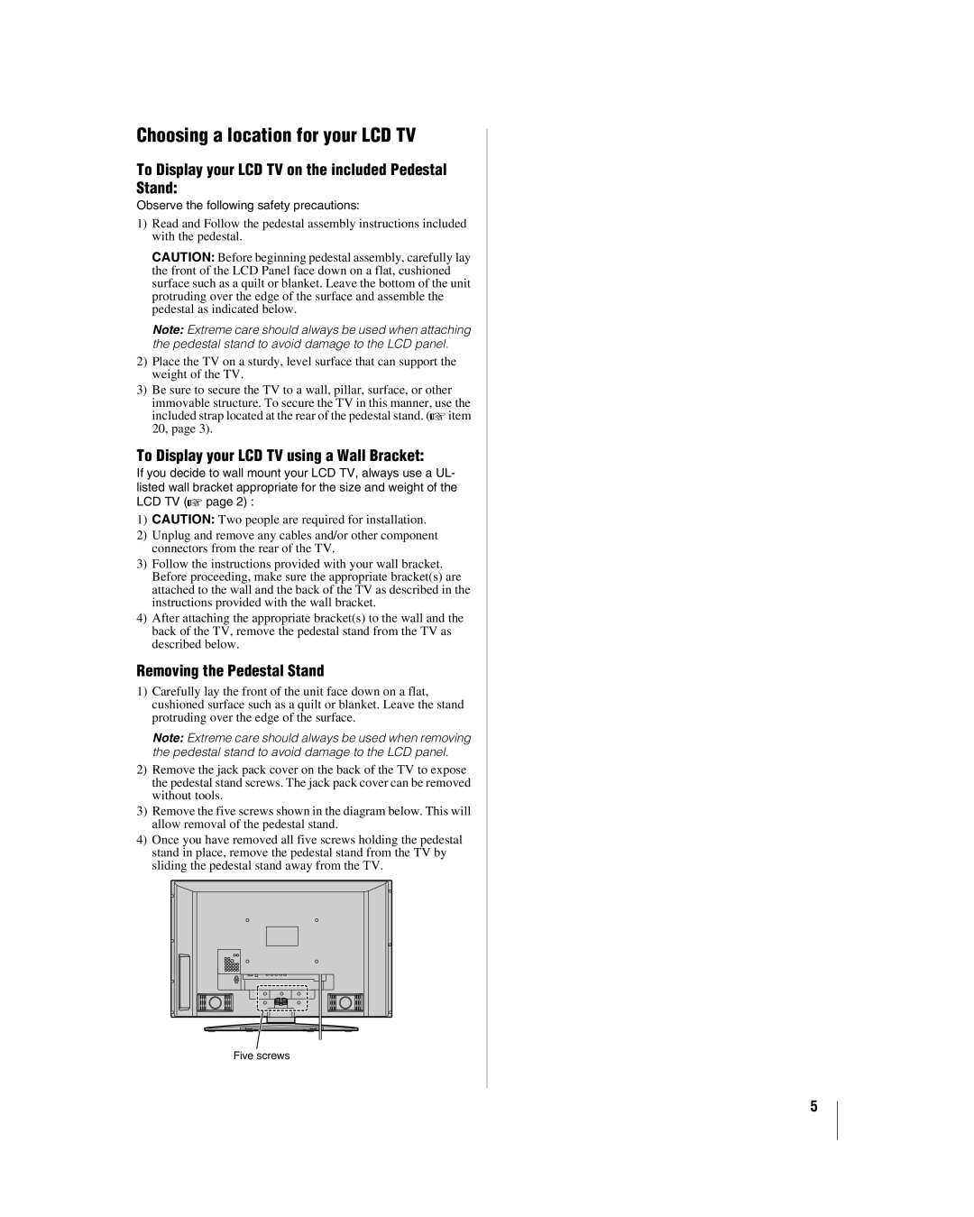 Toshiba 42LX177 manual Choosing a location for your LCD TV, To Display your LCD TV on the included Pedestal Stand 