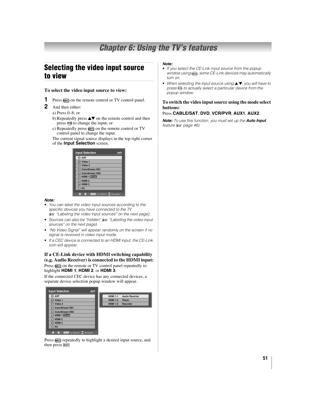 Toshiba 42LX177 manual Using the TV’s features, Press CABLE/SAT, DVD, VCR/PVR, AUX1, AUX2 