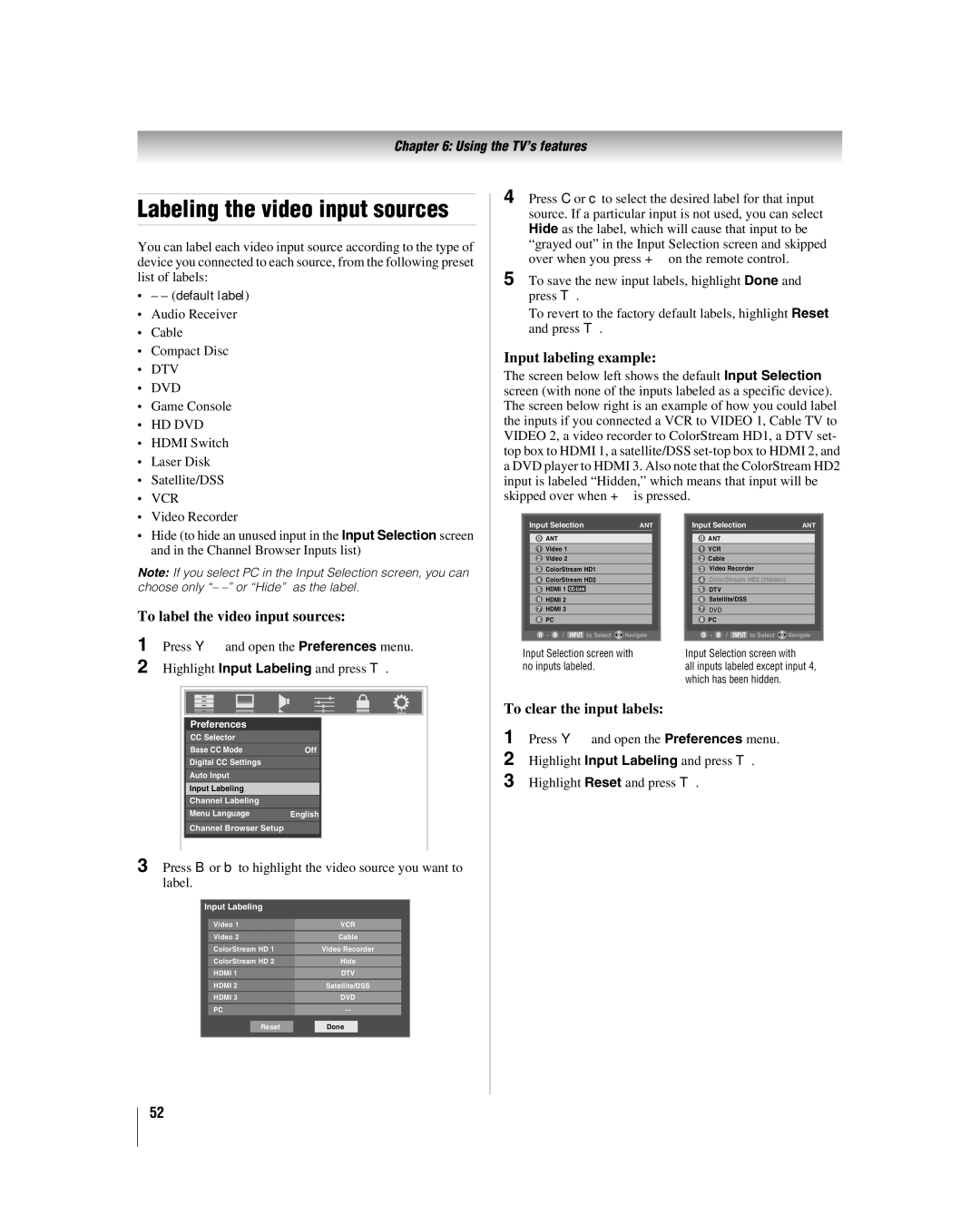 Toshiba 42LX177 manual Input labeling example, To label the video input sources, To clear the input labels 