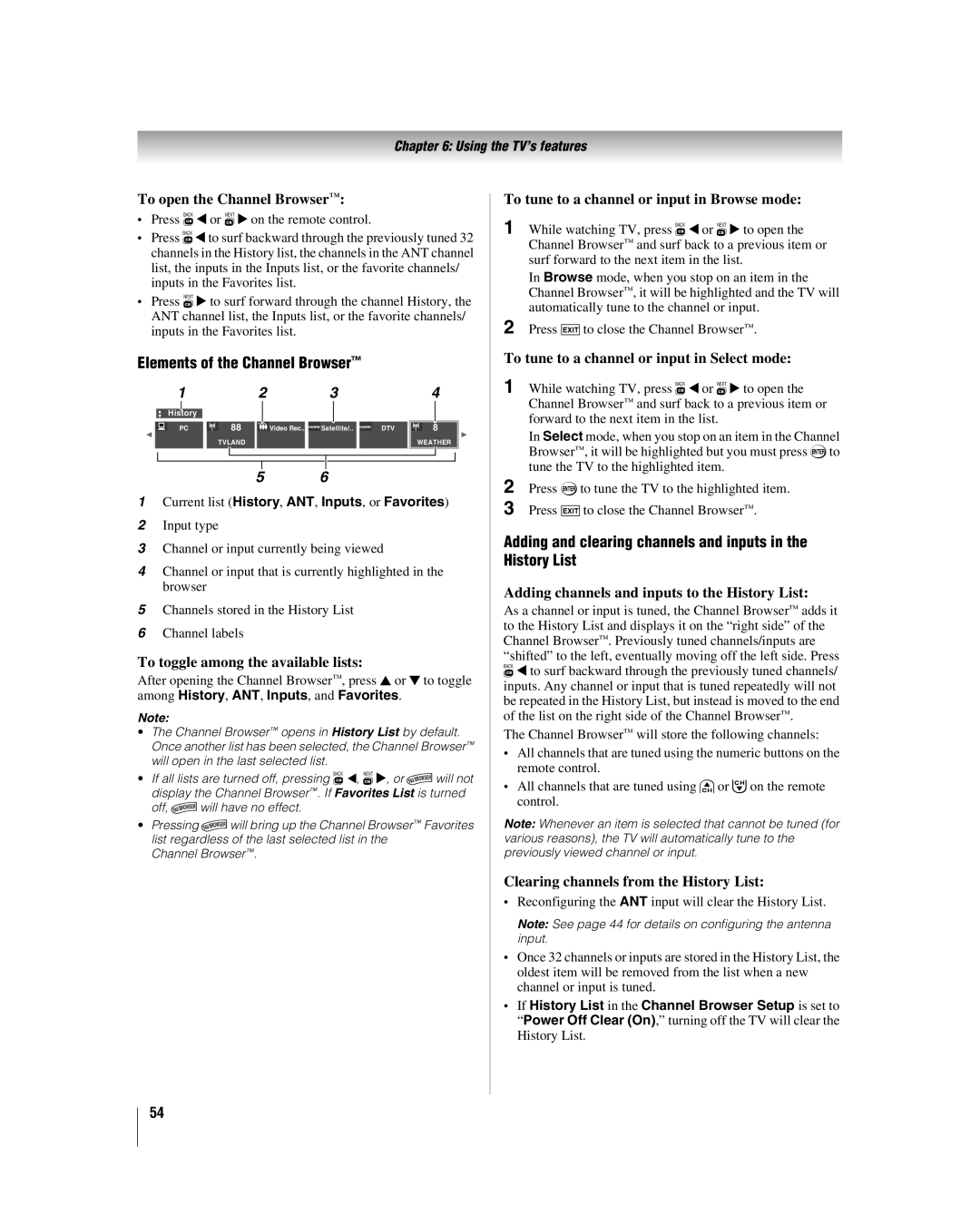 Toshiba 42LX177 manual Elements of the Channel Browser, Adding and clearing channels and inputs in the History List 