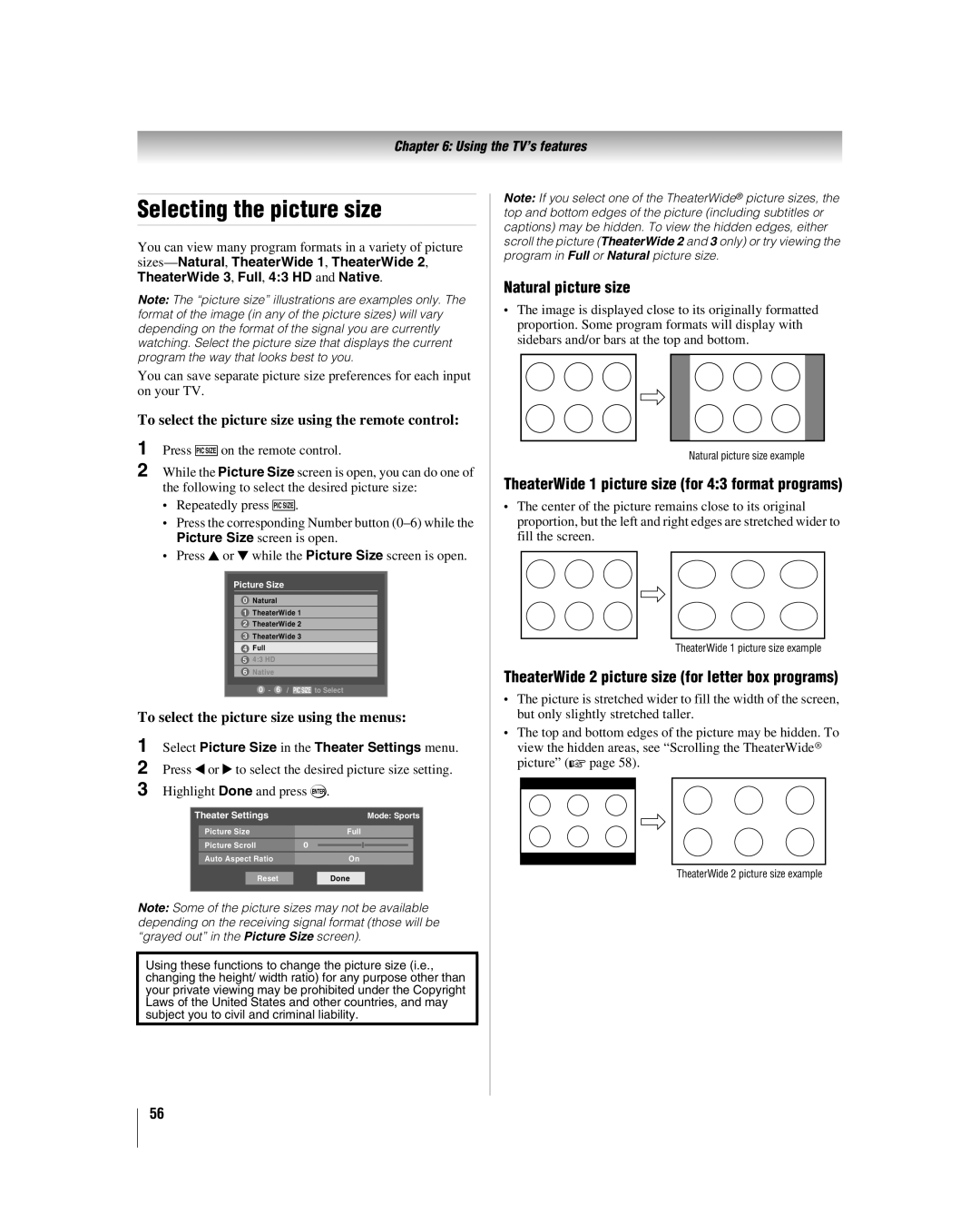 Toshiba 42LX177 manual Selecting the picture size, Natural picture size, TheaterWide 1 picture size for 43 format programs 