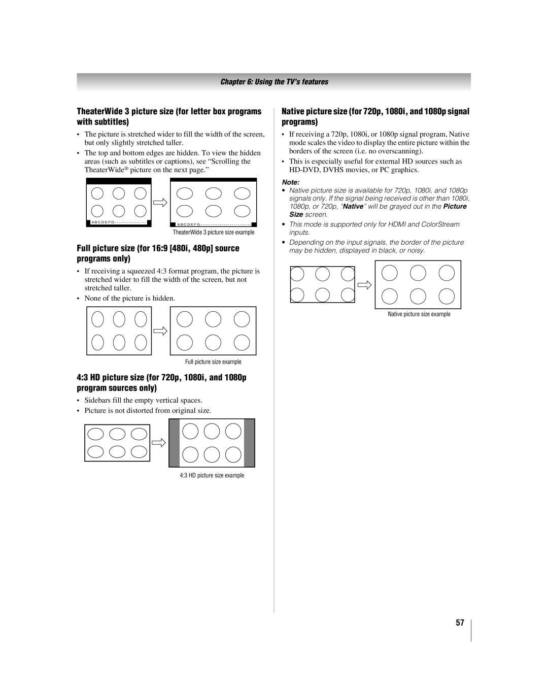 Toshiba 42LX177 manual Full picture size for 169 480i, 480p source programs only 