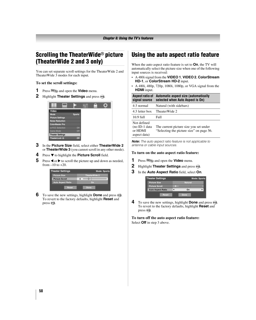 Toshiba 42LX177 Using the auto aspect ratio feature, To set the scroll settings, To turn on the auto aspect ratio feature 