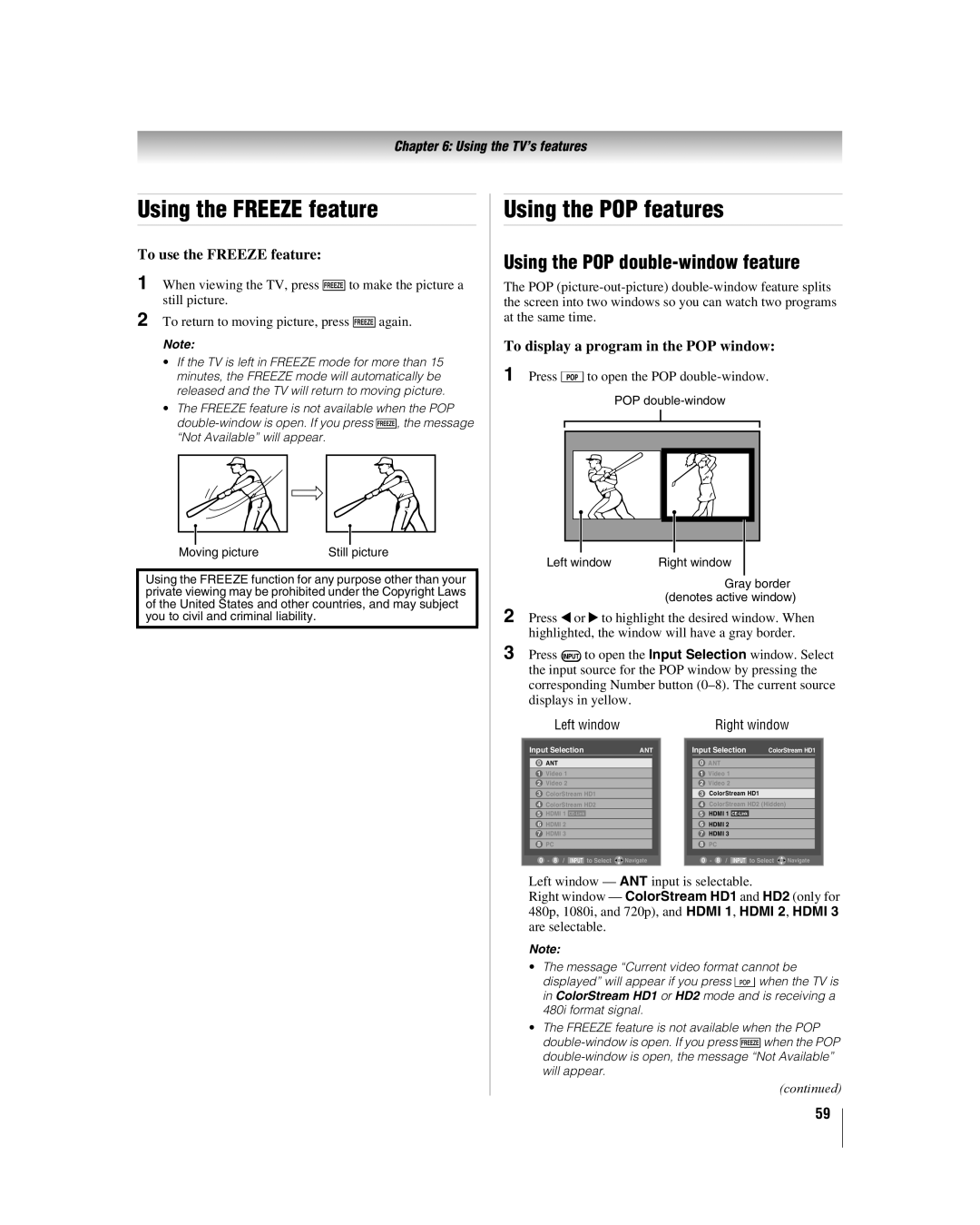 Toshiba 42LX177 manual Using the Freeze feature, Using the POP features, Using the POP double-window feature 