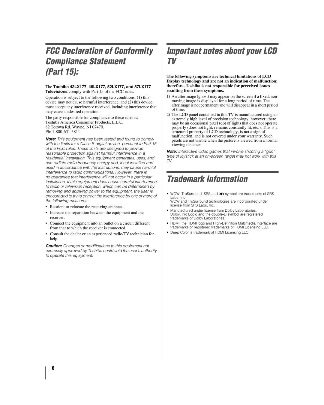 Toshiba 42LX177 manual Part, Important notes about your LCD TV, Trademark Information 