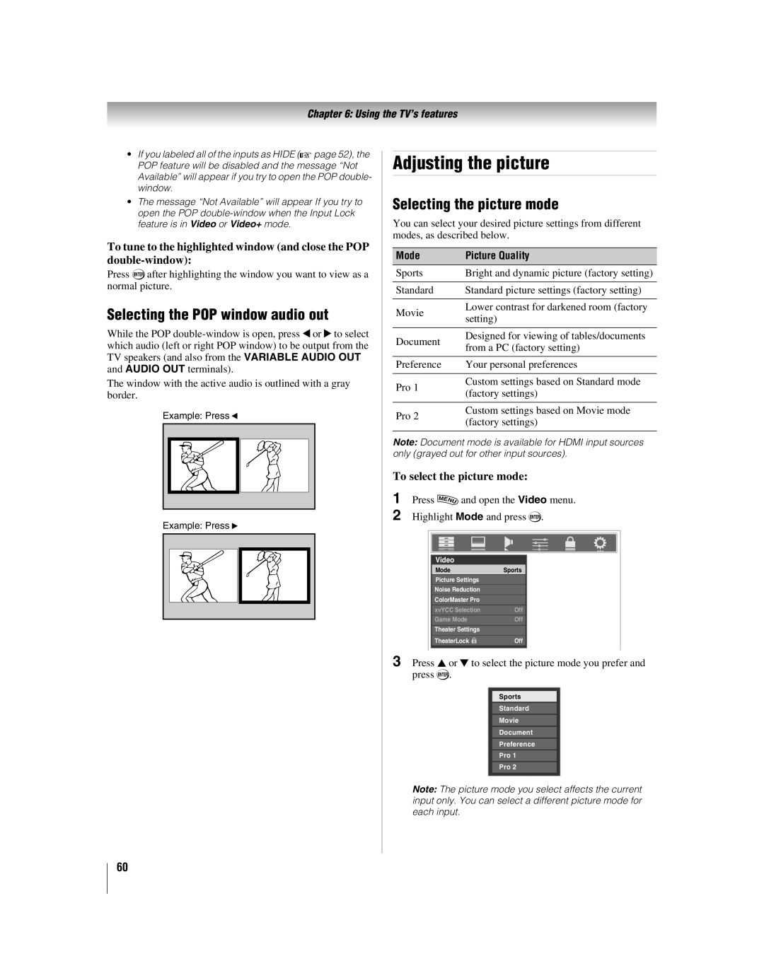 Toshiba 42LX177 manual Adjusting the picture, Selecting the POP window audio out, Selecting the picture mode 