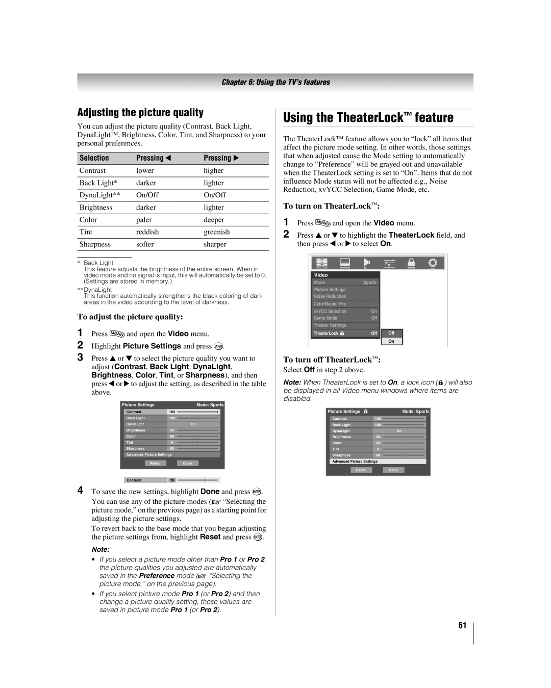 Toshiba 42LX177 manual Using the TheaterLock feature, Adjusting the picture quality, To adjust the picture quality 