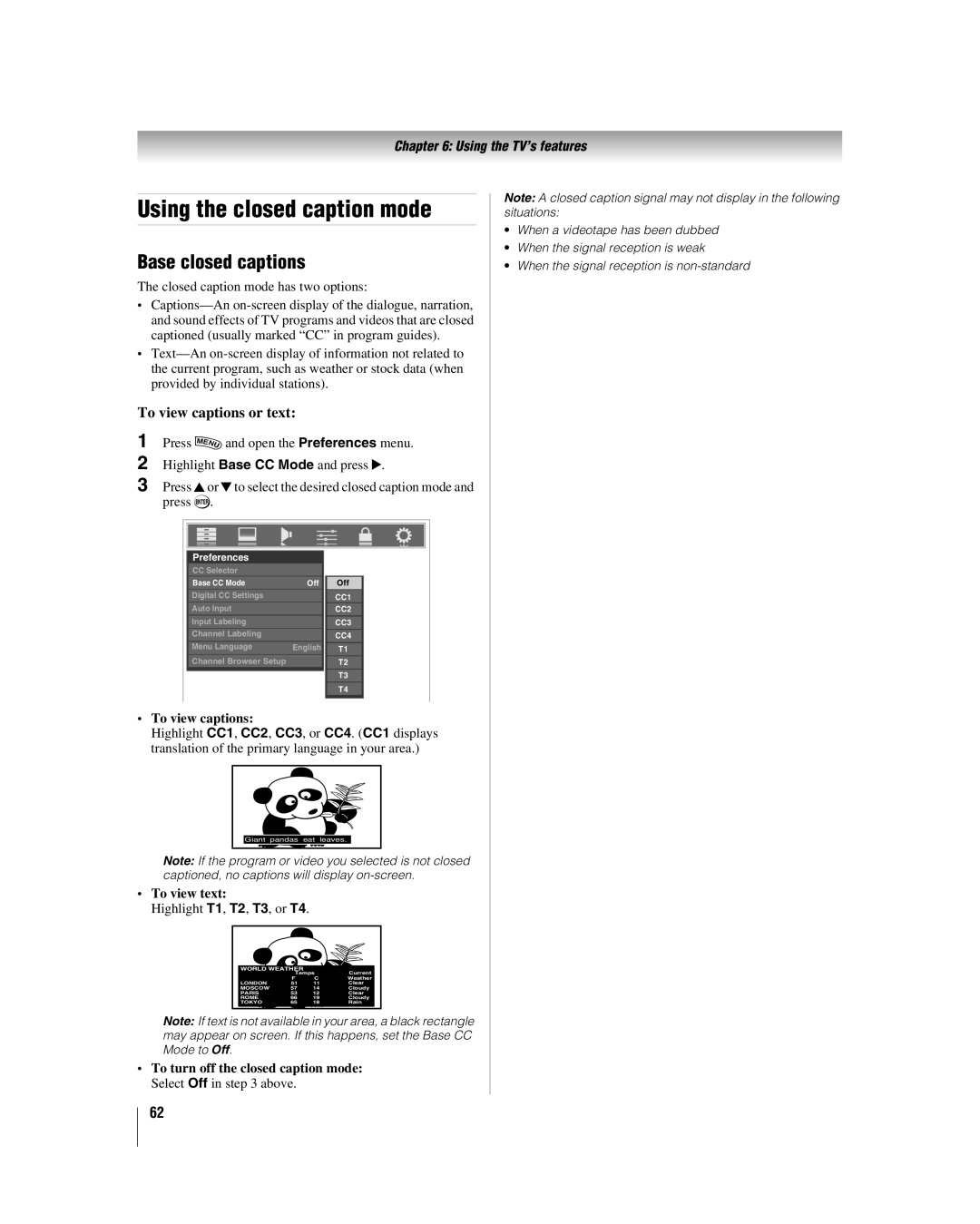 Toshiba 42LX177 Using the closed caption mode, Base closed captions, To view captions or text, Highlight T1, T2, T3, or T4 