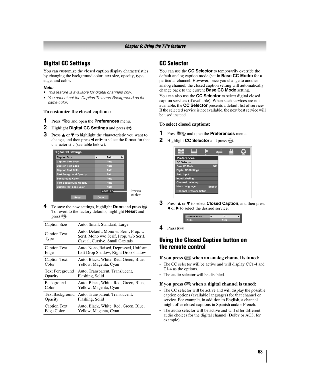 Toshiba 42LX177 manual Digital CC Settings, CC Selector, Using the Closed Caption button on the remote control 